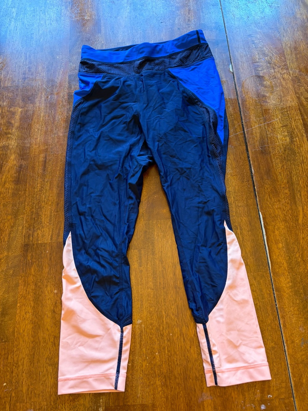 Athleta Colorblock Mesh Capri Leggings Womens S Navy Blue Peach Running
